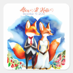 Cute Fox Couple   Romantic Wedding  Square Sticker
