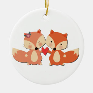 Cute Fox Couple Sharing a Heart Ceramic Tree Decoration