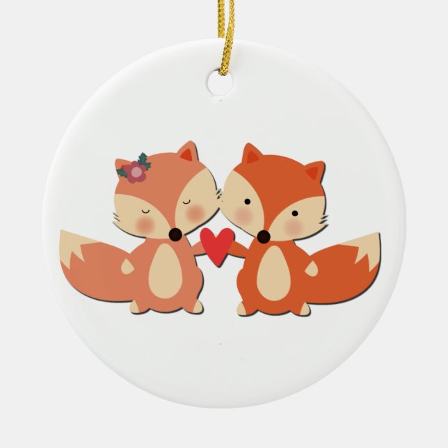 Cute Fox Couple Sharing a Heart Ceramic Tree Decoration (Front)