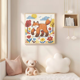 Cute Fox Crayon Drawing Kid Poster