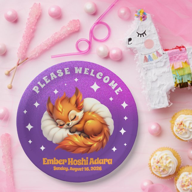 Cute Fox Cub Asleep in Starry Night Sky Paper Plate (Party)