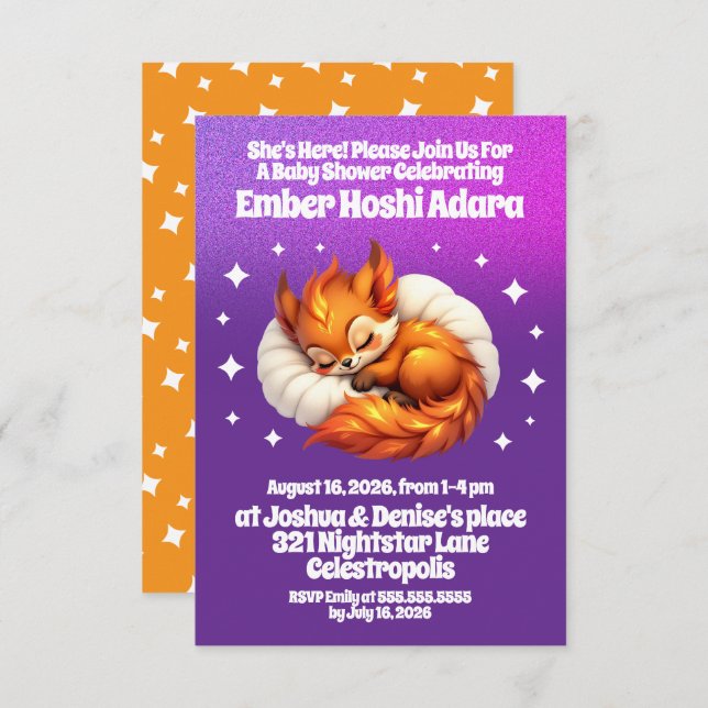 Cute Fox Cub Asleep in Starry Sky Baby Shower Invitation (Front/Back)