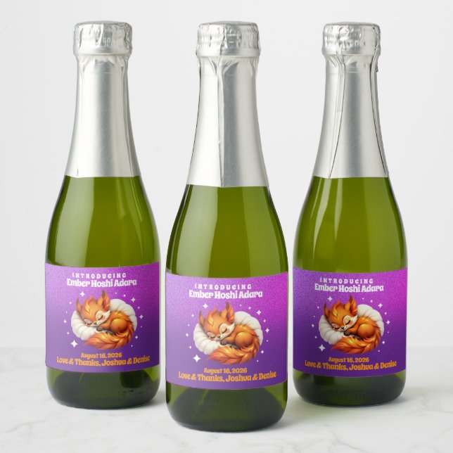 Cute Fox Cub Asleep in Starry Sky Baby Shower Sparkling Wine Label (Bottles)