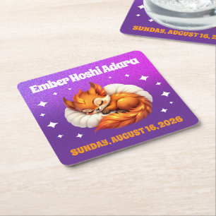 Cute Fox Cub Asleep in Starry Sky Baby Shower Square Paper Coaster