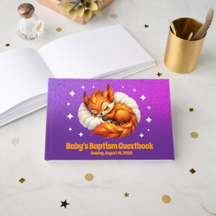 Cute Fox Cub Asleep in Starry Sky Baptism Guest Book