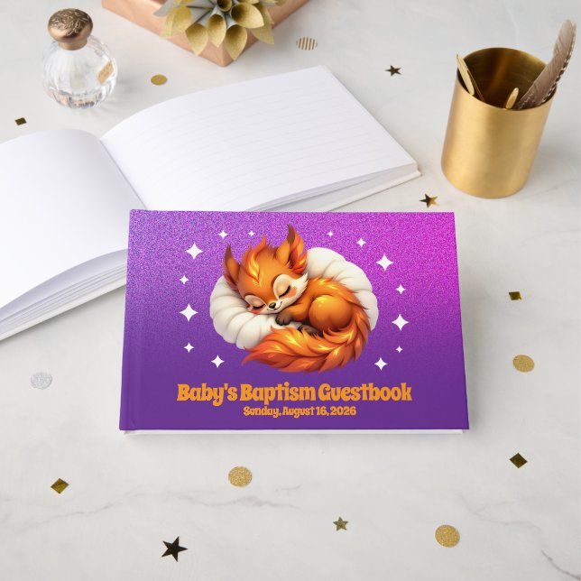 Cute Fox Cub Asleep in Starry Sky Baptism Guest Book (Front Open)
