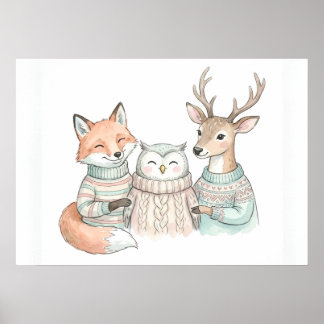 Cute Fox Deer Winter Friends Poster