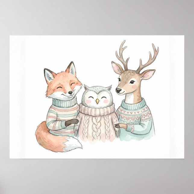Cute Fox Deer Winter Friends Poster (Front)