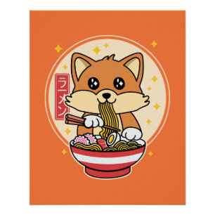 Cute Fox Eating Ramen Kawaii Japanese Food Gift Poster