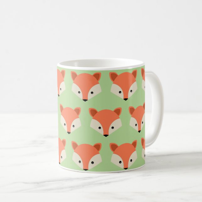 Cute Fox Face Pattern on Green Coffee Mug (Front Right)