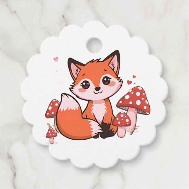 Cute Fox Favor Tags – Woodland Fox & Mushrooms  (Front)