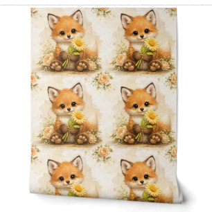 Cute Fox Flower Pattern Wallpaper Nursery