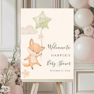Cute Fox Flying Balloon Baby Shower Welcome Poster