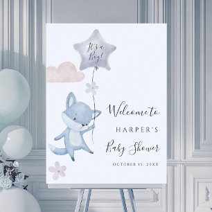 Cute Fox Flying Balloon Boy Baby Shower Welcome Poster