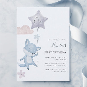 Cute Fox Flying Balloon Boy First Birthday Party Invitation
