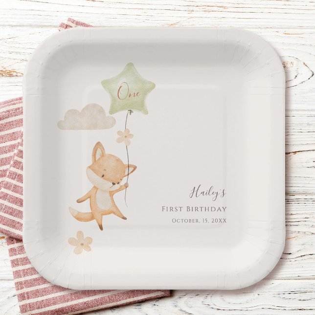 Cute Fox Flying Balloon First Birthday Party Paper Plate (Creator Uploaded)