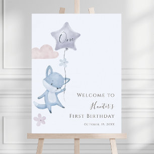 Cute Fox Flying Balloon First Birthday Welcome     Poster