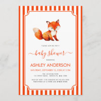 Cute Fox Girl Baby Shower Watercolor & Red Stripes