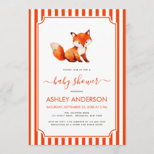 Cute Fox Girl Baby Shower Watercolor & Red Stripes Invitation