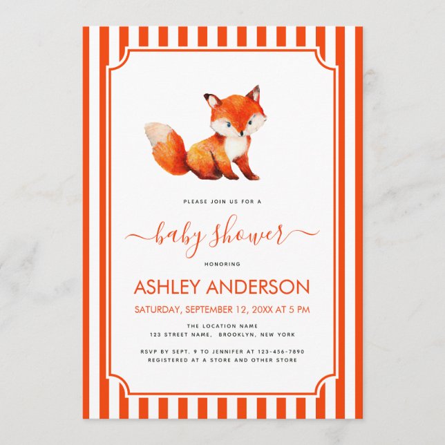 Cute Fox Girl Baby Shower Watercolor & Red Stripes Invitation (Front)