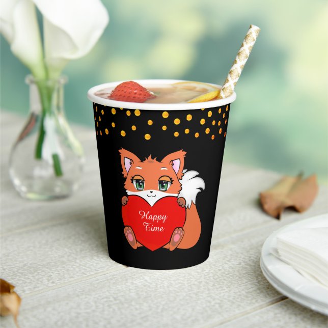 Cute Fox & Golden Confetti on Black Paper Cups (Insitu)