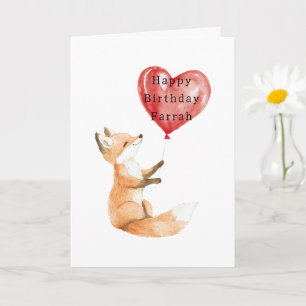 Cute Fox Heart Balloon Birthday Card