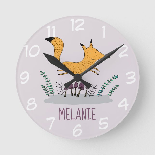 Cute Fox Illustration Kids Personalised Round Clock (Front)