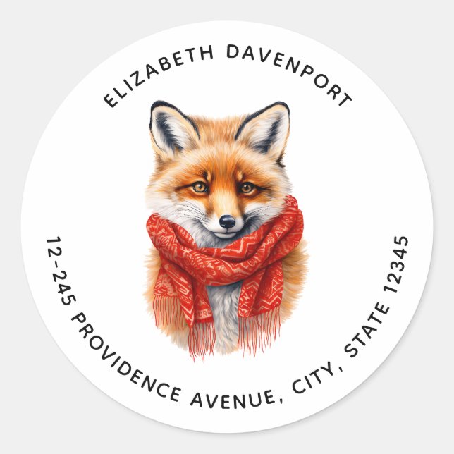 Cute Fox in a Red Scarf Autumn Image Address Classic Round Sticker (Front)
