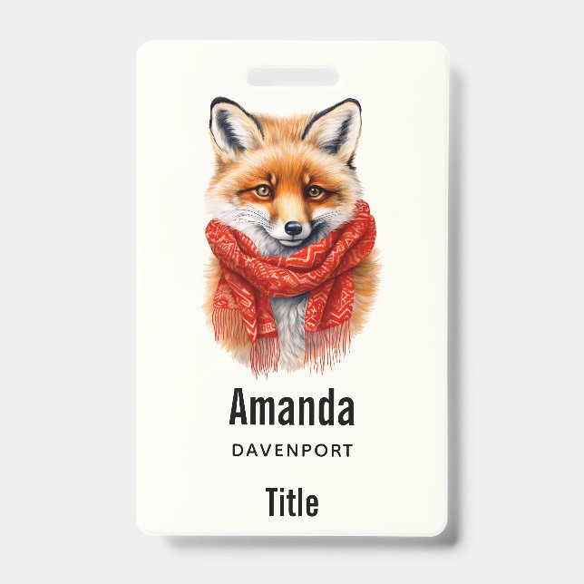 Cute Fox in a Red Scarf Autumn Image ID Badge (Front)