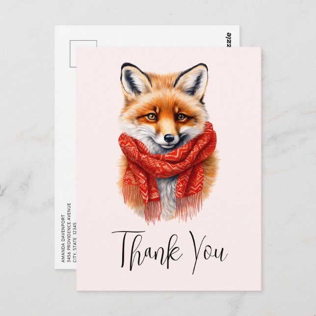 Cute Fox in a Red Scarf Autumn Image Thank You Postcard (Front/Back)