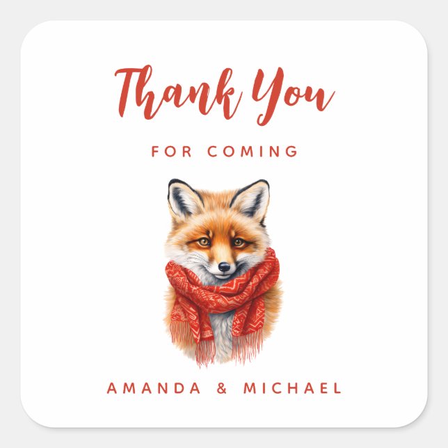 Cute Fox in a Red Scarf Autumn Image Thank You Square Sticker (Front)