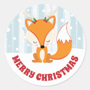 Cute Fox in Antlers in Snowy Woodland Christmas Classic Round Sticker