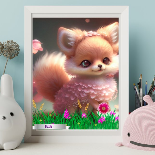 Cute Fox in garden of pink flowers Personalised  Poster (Creator Uploaded)