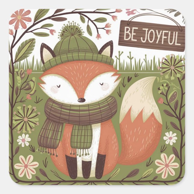Cute fox in nature with happy message square sticker (Front)