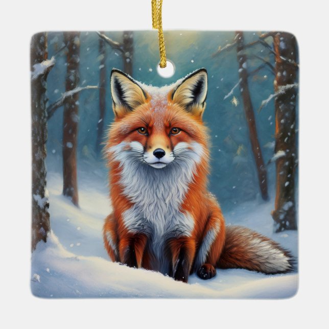 Cute Fox In Snow Covered Forest Ceramic Ornament (Front)