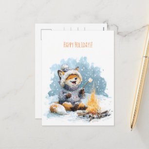 Cute fox in warm sweater roasting marshmallows, holiday postcard
