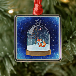 Cute fox inside a snow globe metal tree decoration