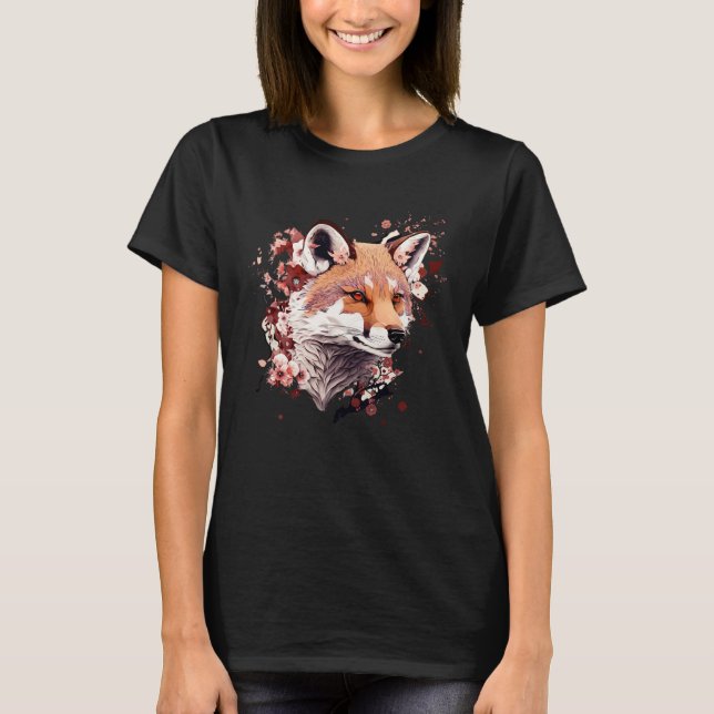 Cute Fox Japanese  Cherry Blossom Flower Artwork T-Shirt (Front)