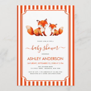 Cute Fox Mama and Baby Shower Animals Red Stripes Invitation
