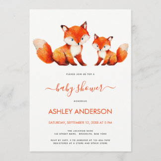 Cute Fox Mama and Baby Shower Red Watercolor  Invitation