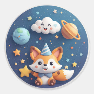 Cute Fox on a Smiling Cloud With Planets and Stars Classic Round Sticker