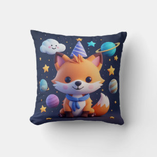 Cute Fox on a Smiling Cloud With Planets and Stars Cushion