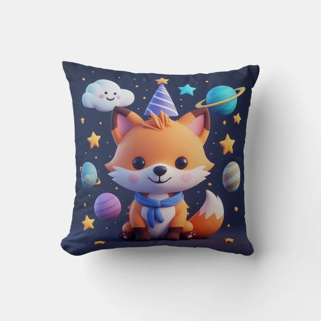 Cute Fox on a Smiling Cloud With Planets and Stars Cushion (Front)