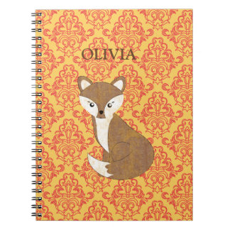 Cute Fox on Orange Patterned Background Spiral Notebook