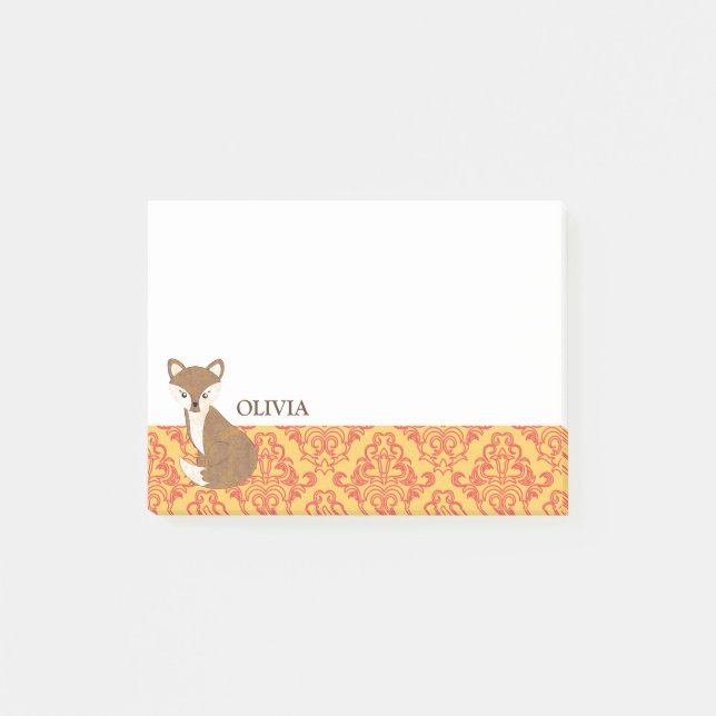 Cute Fox  on Orange Patterned Border Post-it Notes (Front)