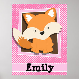 Cute Fox on Pink & White Stripes Poster