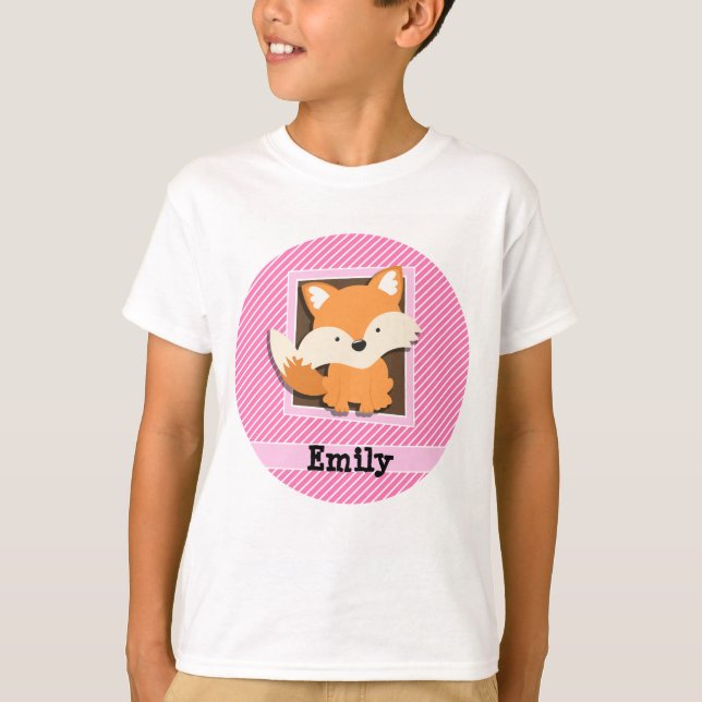 Cute Fox on Pink & White Stripes T-Shirt (Front)