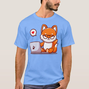 Cute Fox Operating Laptop Cartoon T-Shirt