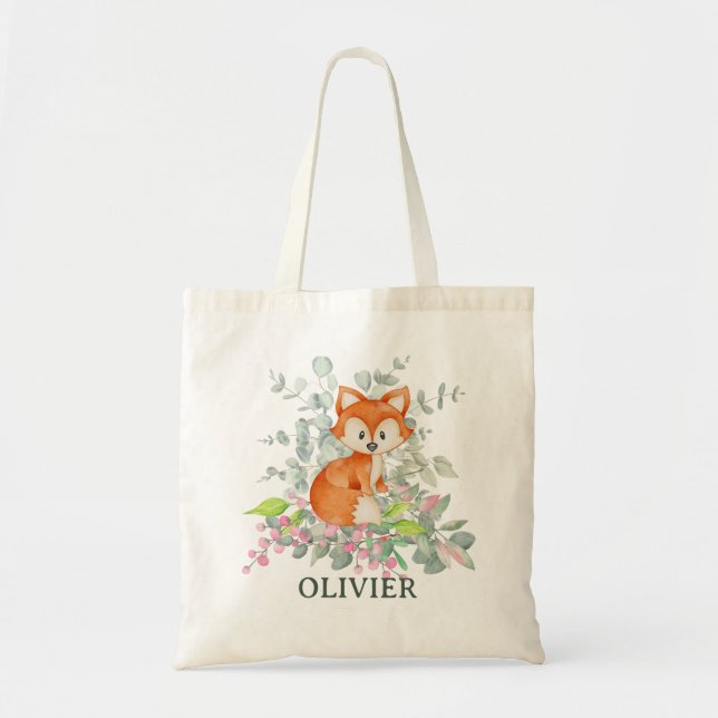 Cute Fox Over Greenery Custom Name Tote Bag (Front)