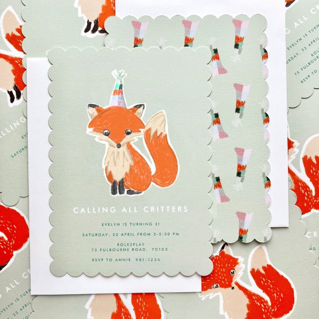 Cute Fox Party Hat Woodland Birthday Invitation (Fox birthday party invitations)